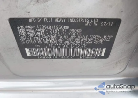 2013 Subaru Impreza 2.0I Premium from USA, damaged, VIN JF1GPAC60DH202205